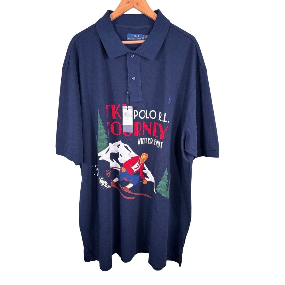 Polo Ralph Lauren Men 4XLT Navy Blue Ski Tourney Winter Event Graphic Polo Shirt